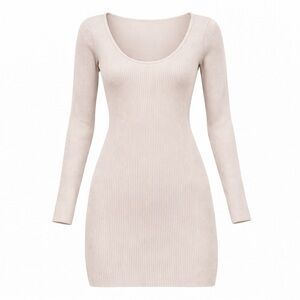 H&M Ribbed Scoop Neck Long Sleeve Knit Dress in Light Beige